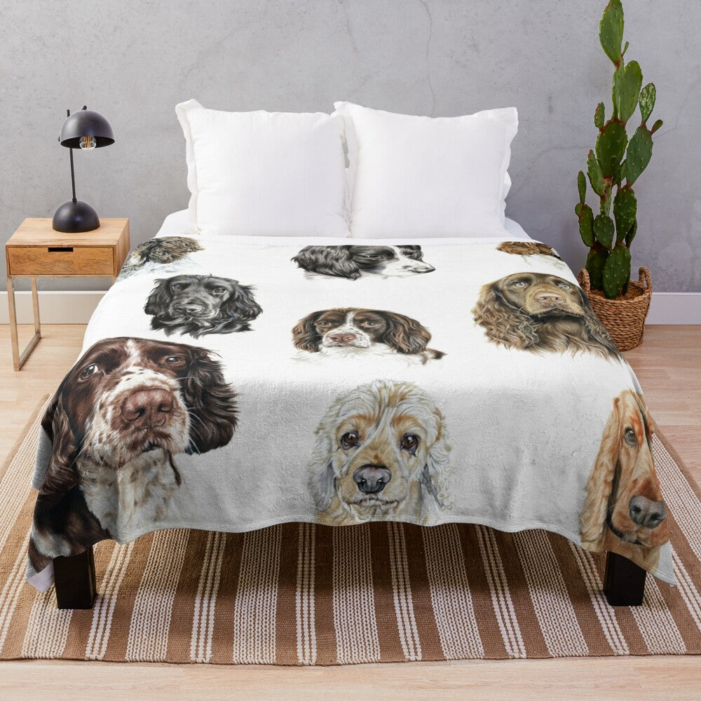 Soft and cuddly plush spaniel blanket featuring a collage of adorable dog images