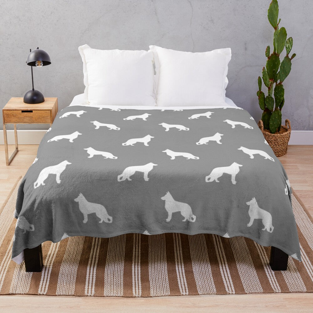 White German Shepherd dog silhouette on a plush blanket