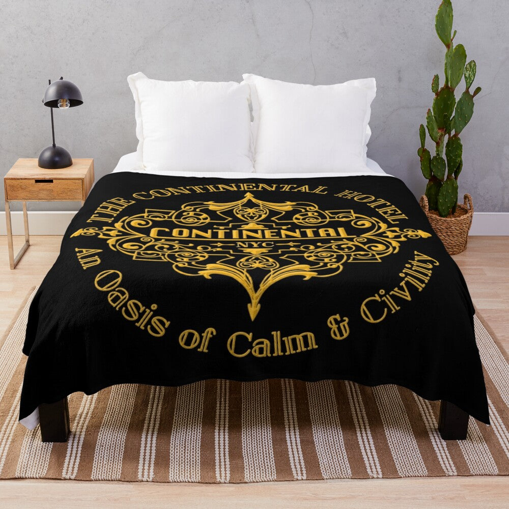 Vintage-inspired Continental Hotel plush blanket featuring John Wick movie elements