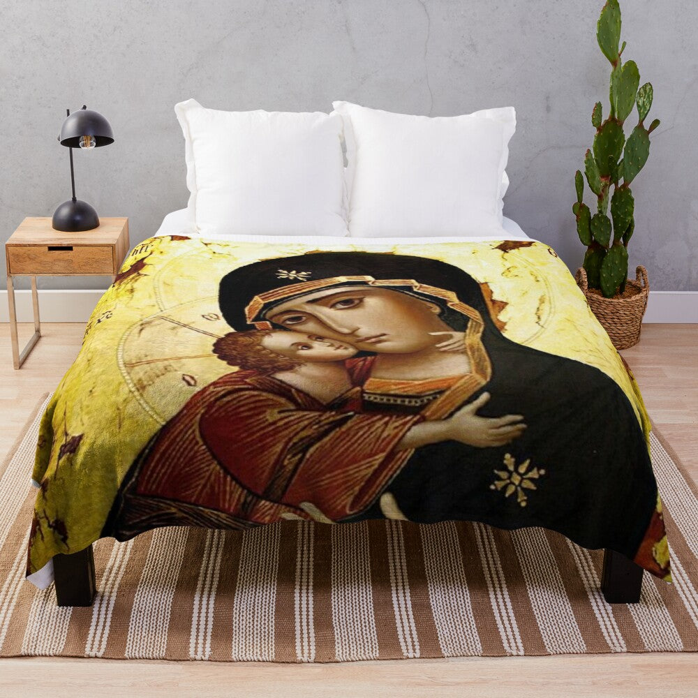 Plush blanket featuring the image of the Blessed Virgin Mary, the Theotokos or Mother of God