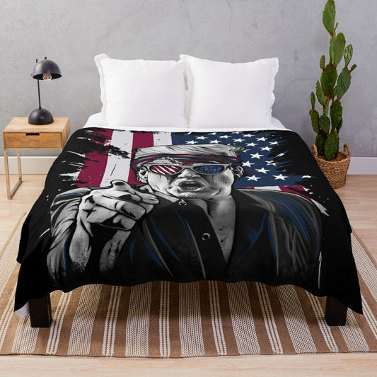 Plush blanket with bold American flag and political figure graphic