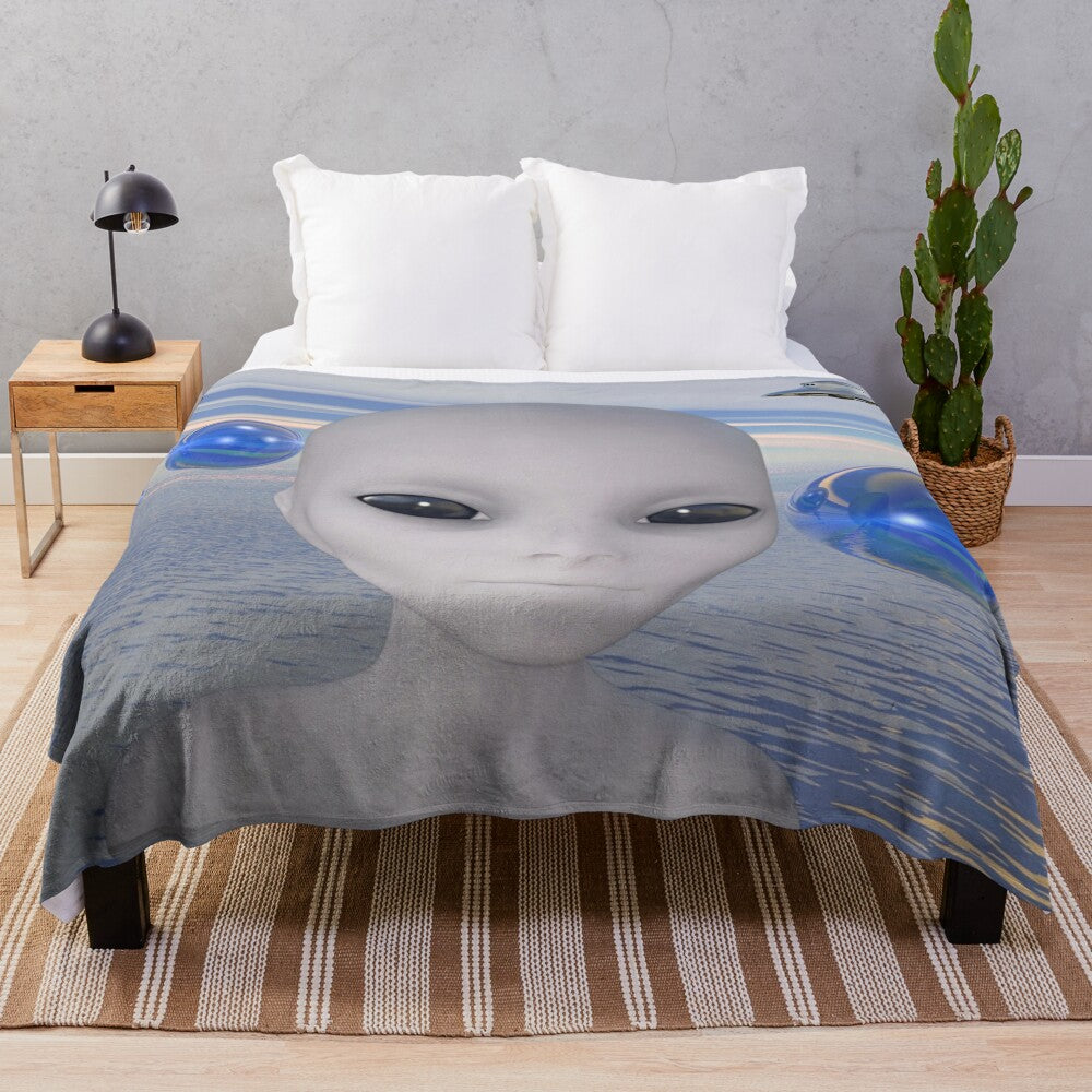 Boho plush blanket with alien and extraterrestrial patterns