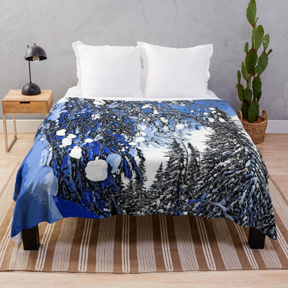 Winter landscape plush blanket with a detailed nature-inspired print