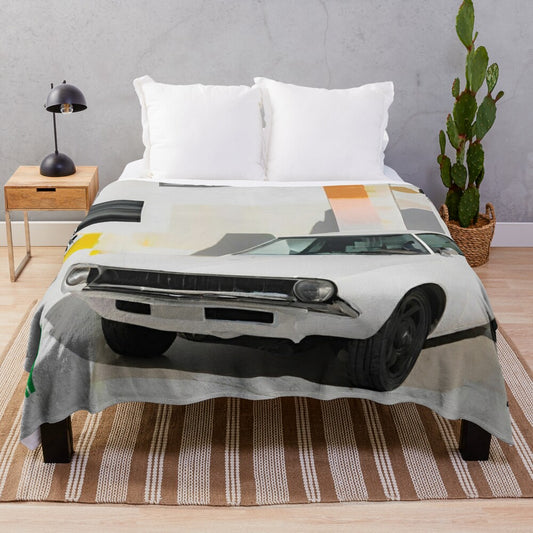 Plush blanket featuring a minimalist acrylic painting of a classic car