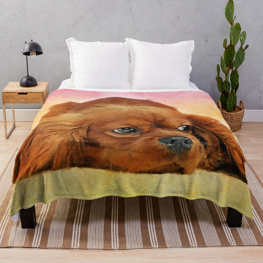 Cavalier King Charles Spaniel Plush Blanket with Watercolor Dog Sketch