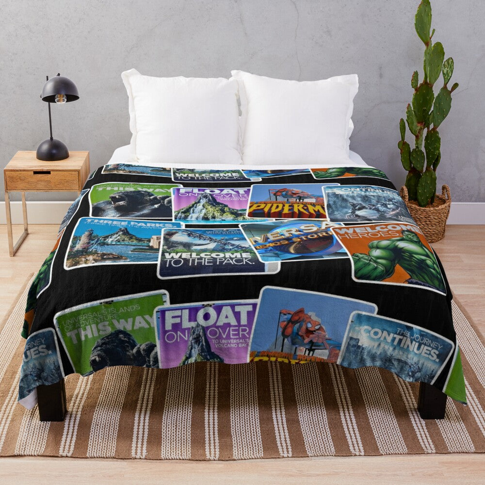 Universal Islands of Adventure-inspired plush blanket featuring a collage of iconic attractions