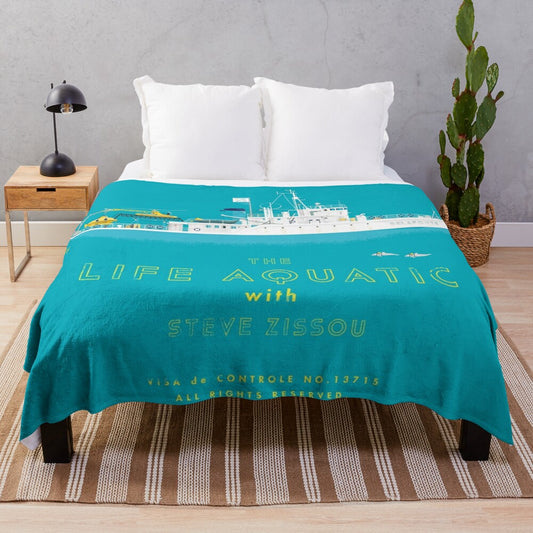 "Plush blanket featuring characters and imagery from the Wes Anderson film 'The Life Aquatic with Steve Zissou'"