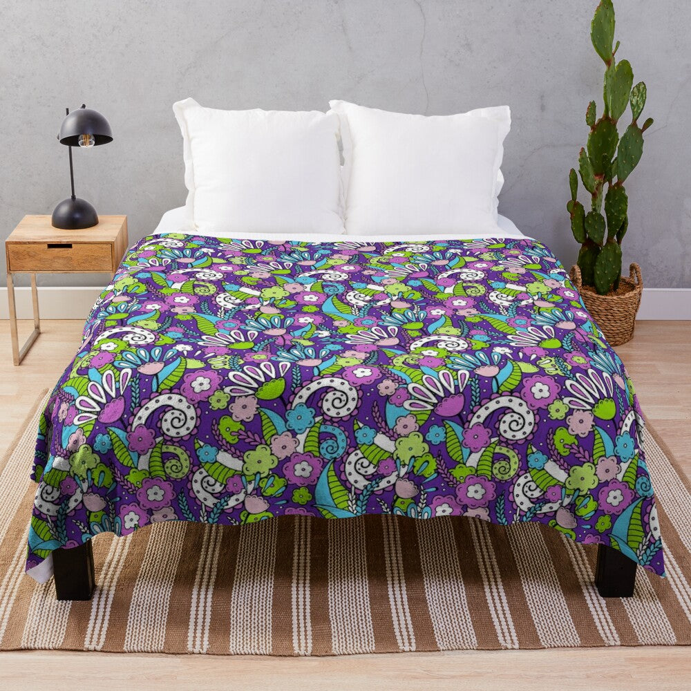 Purple floral doodle pattern plush blanket