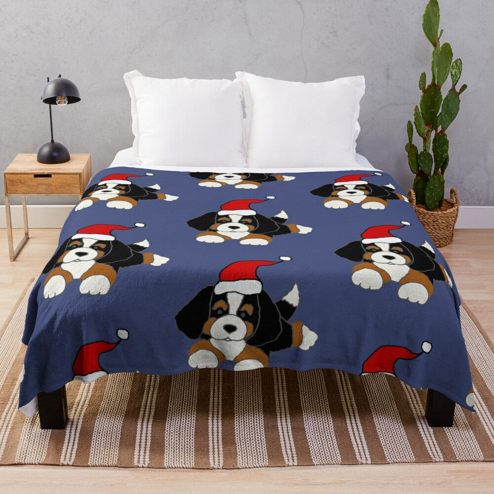 Cute Bernese Mountain Dog wearing a Santa hat on a cozy plush blanket