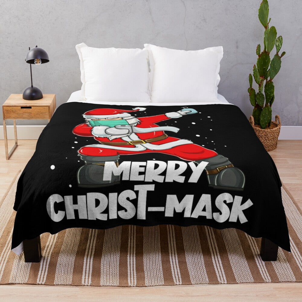 Cozy plush blanket featuring a humorous Christmas design for the pandemic holiday season