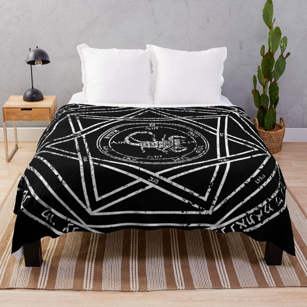 Supernatural-inspired aged plush blanket featuring a devil's trap design