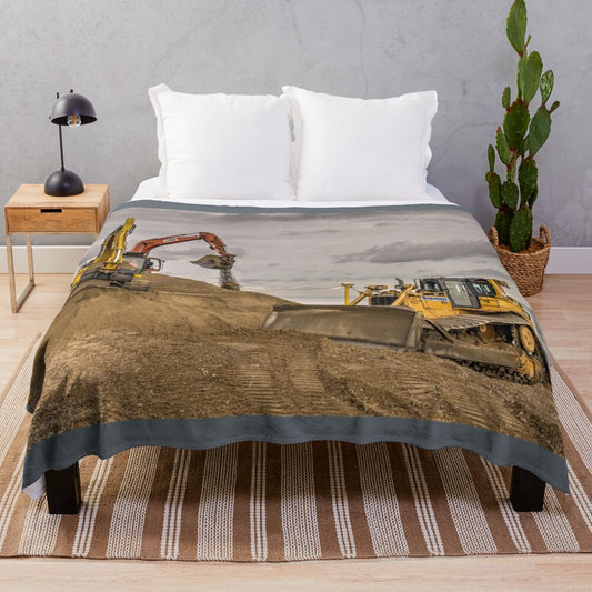 Plush blanket with digging machine, excavator, and bulldozer design