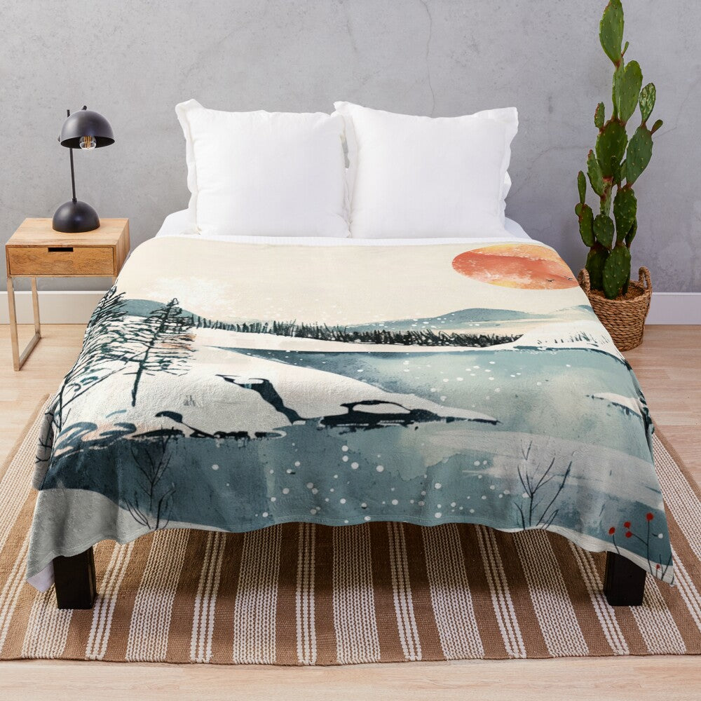 Plush blanket with a scandinavian winter landscape scene featuring snow, trees, and a lake