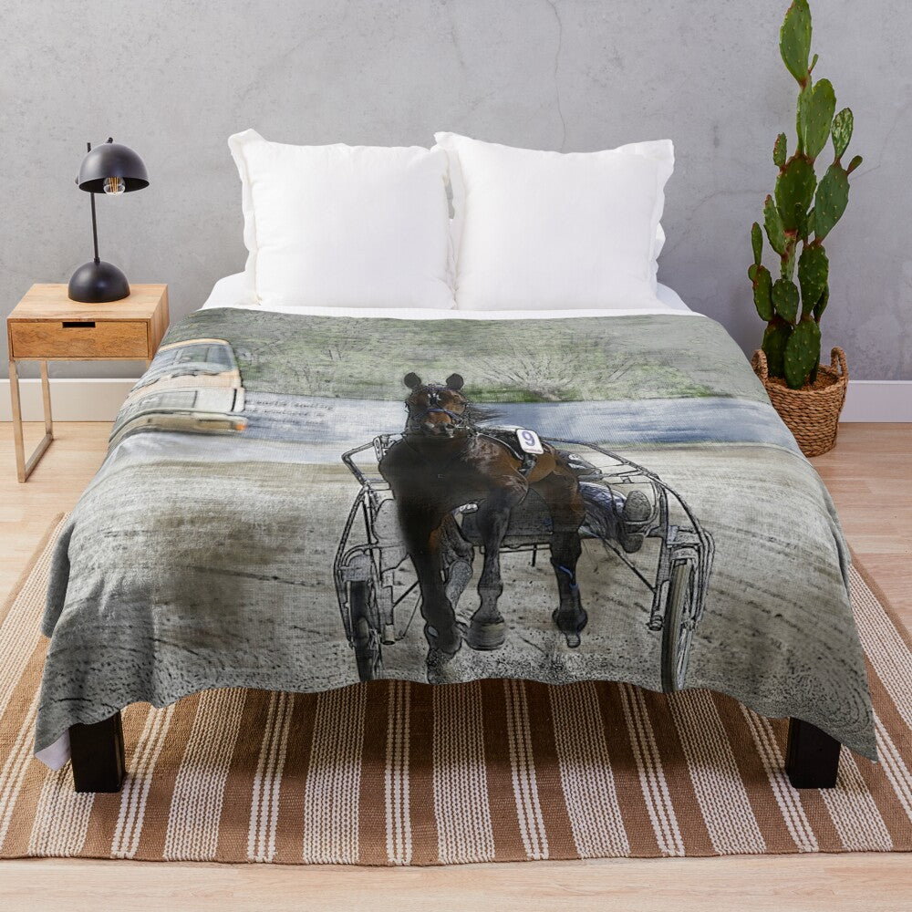 Plush blanket featuring harness horse cart racing scene