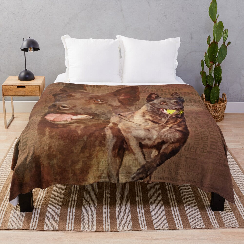 Watercolor image of a Dutch Shepherd dog breed on a plush blanket