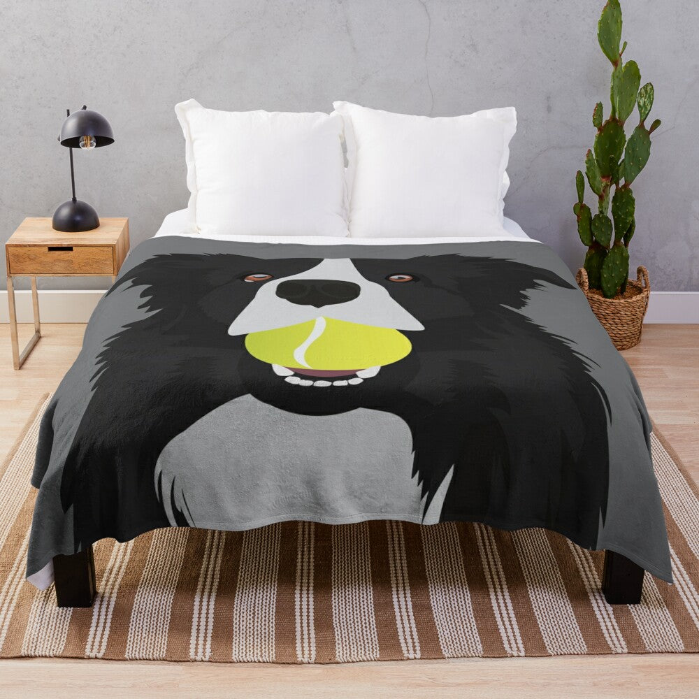 Cozy border collie plush blanket with a tennis ball