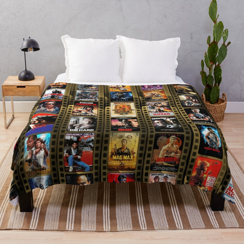 Plush blanket featuring a retro 1980s action movie-inspired aesthetic