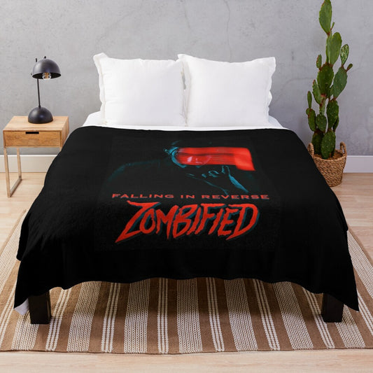 Zombified plush blanket with emo and punk rock music inspired design