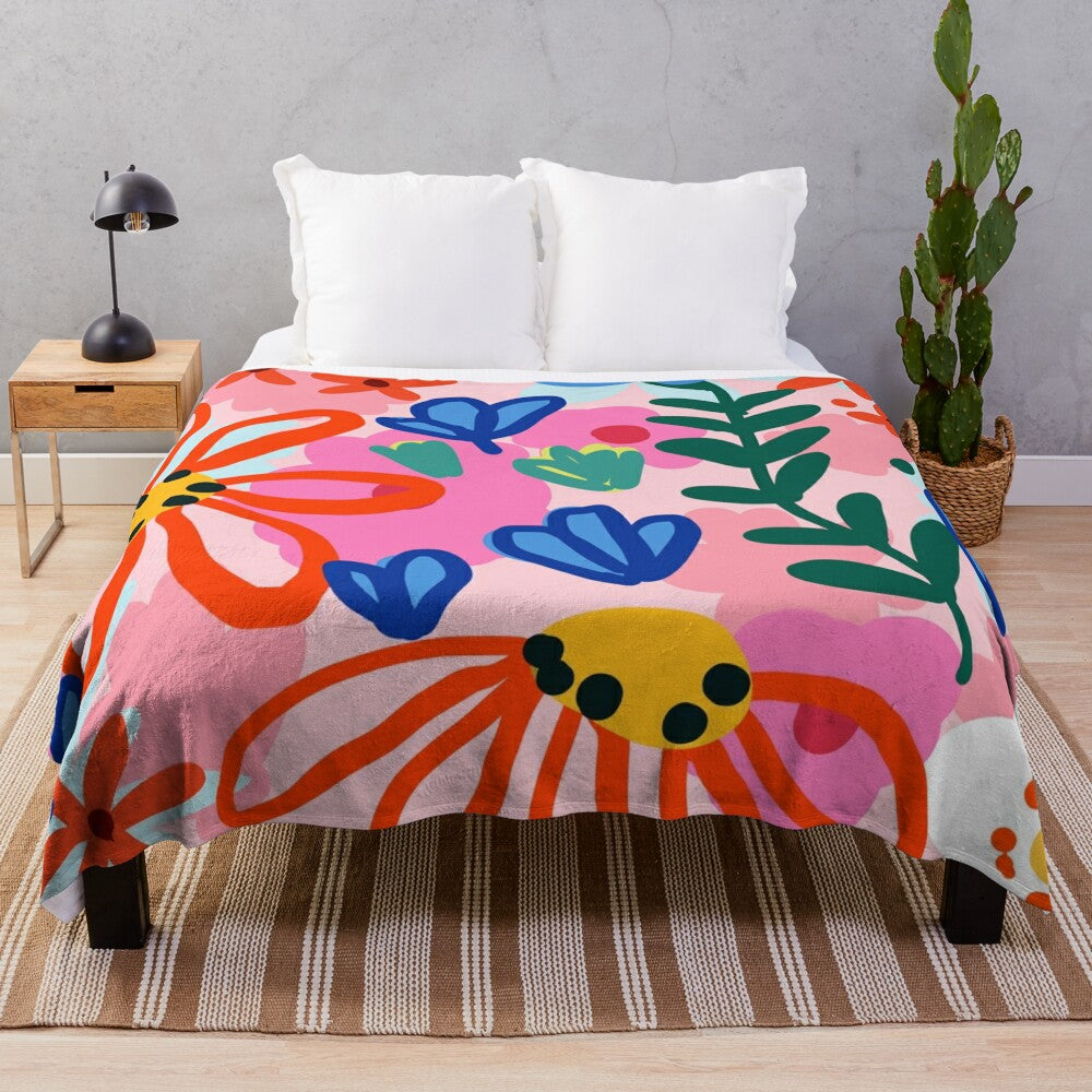 Vibrant floral plush blanket with botanical design