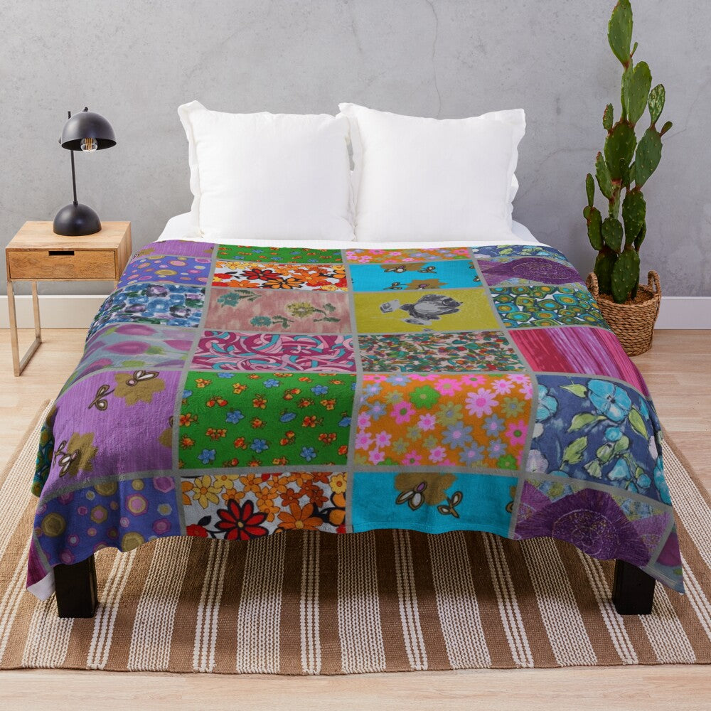 Vibrant patchwork plush blanket with retro aesthetic patterns