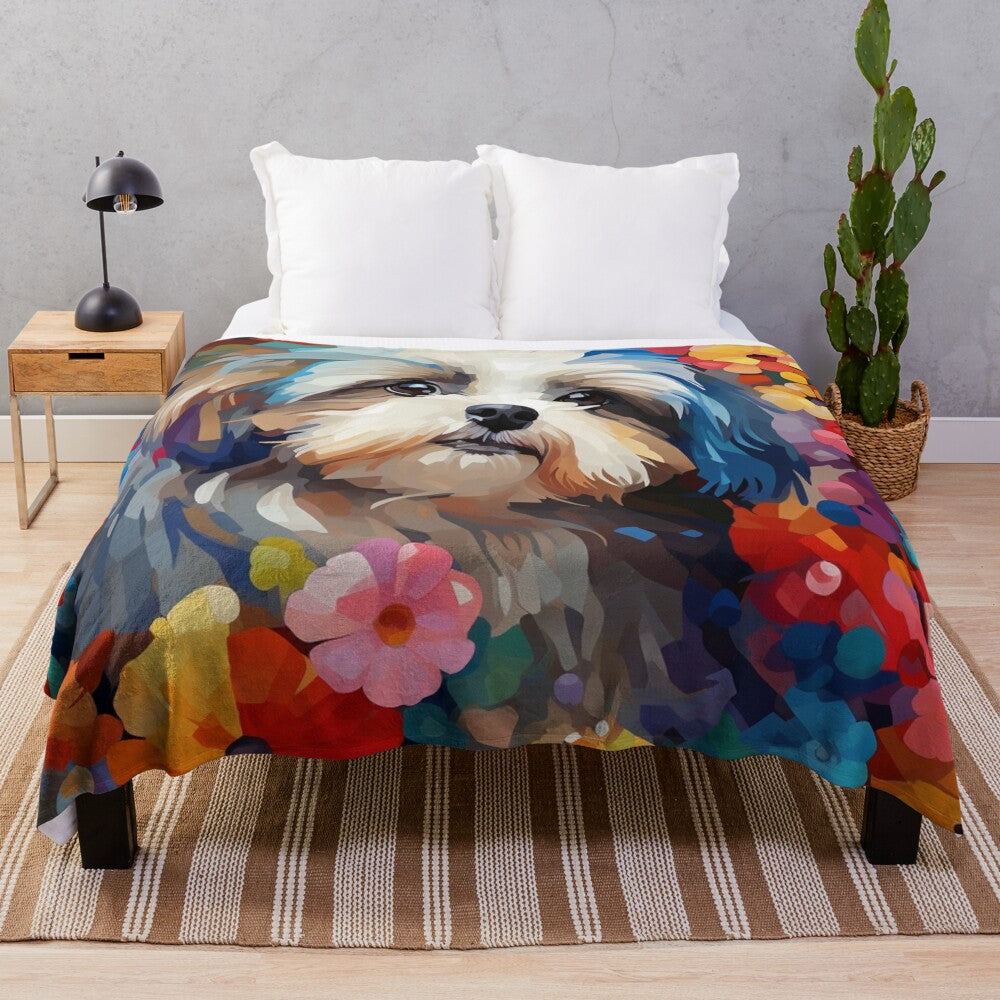 Cozy shih tzu plush blanket with adorable dog art design