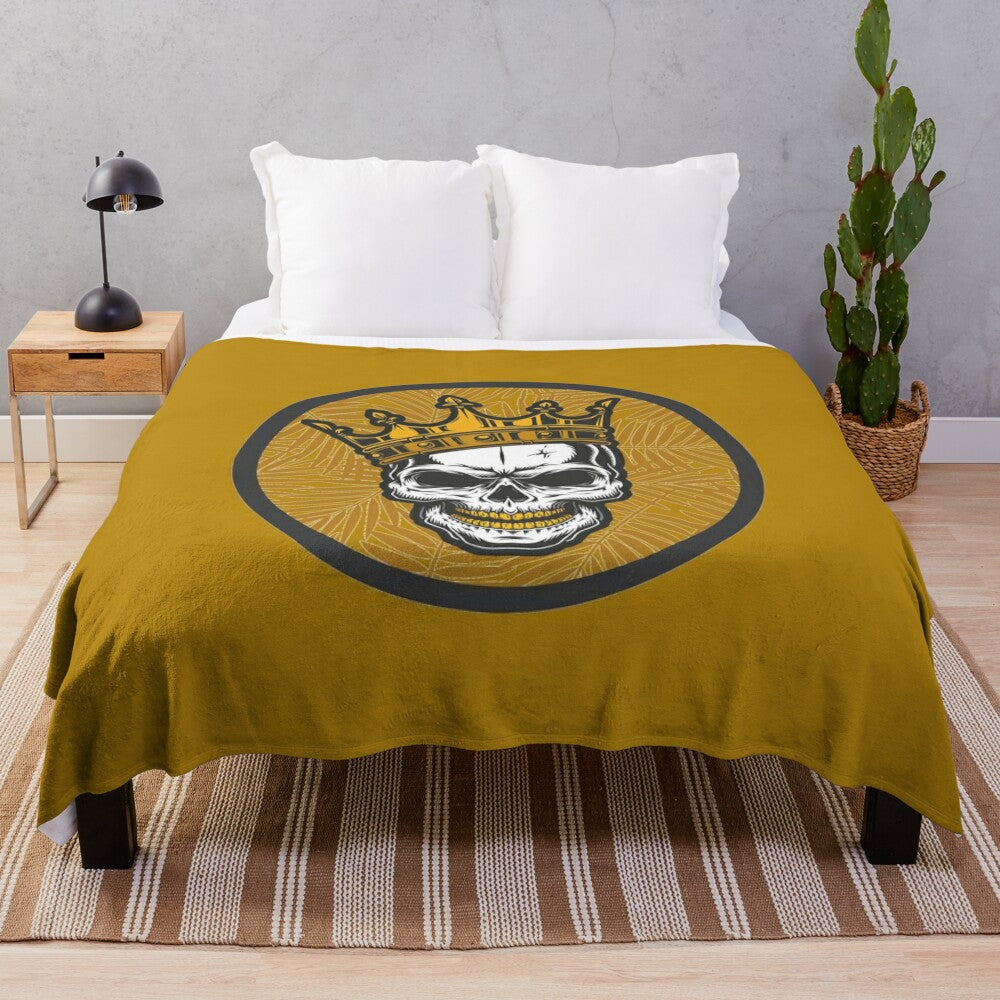 Cozy gold skull plush blanket featuring a striking and unique design