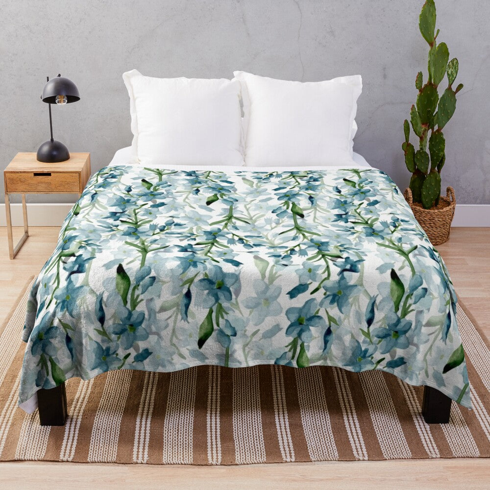 Blue branches plush blanket with watercolor floral design