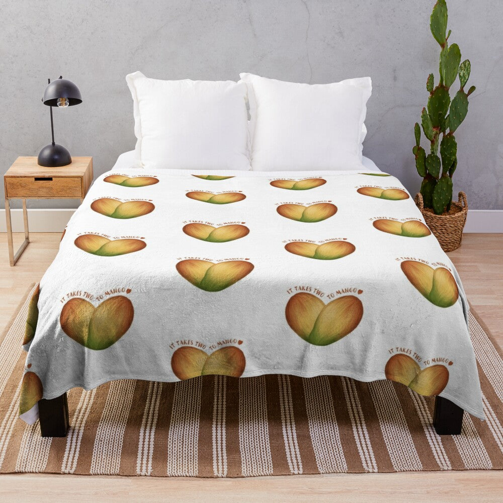 Mango-themed plush blanket with tropical fruit graphics and punny design