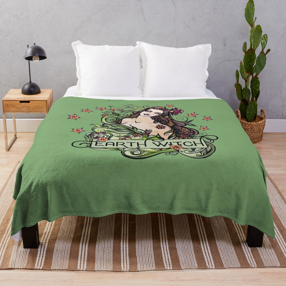 Earth Witch Plush Blanket with Nature and Spiritual Motifs