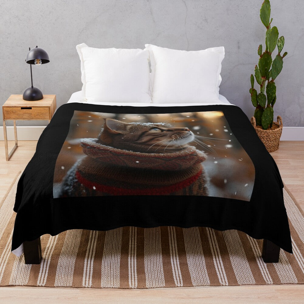 Soft, plush blanket featuring a cat design in a snowy setting