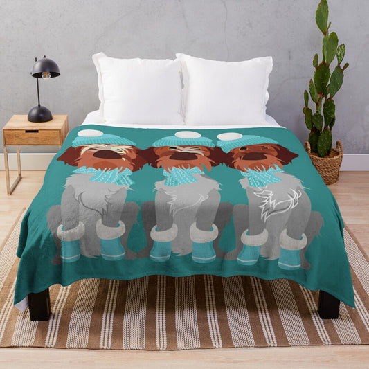 Teal plush blanket with griffon dog design