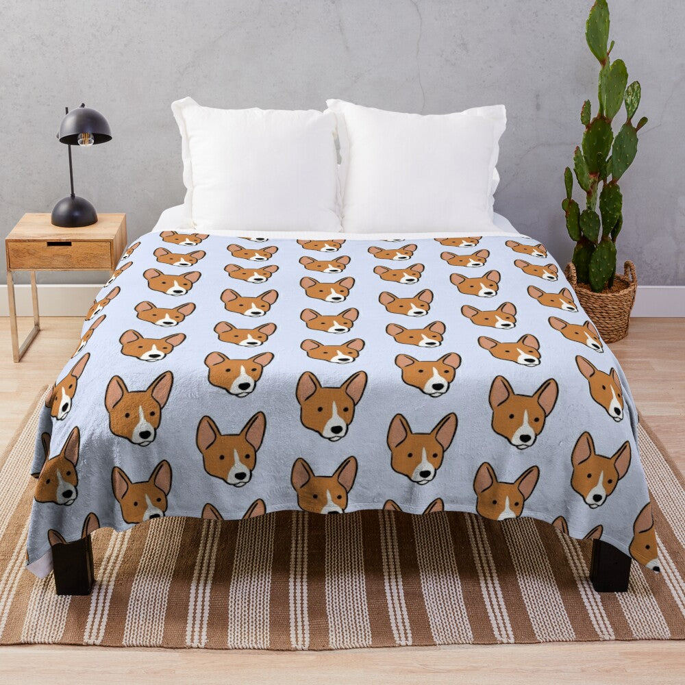 Cute cartoon illustration of a Basenji dog on a plush blanket