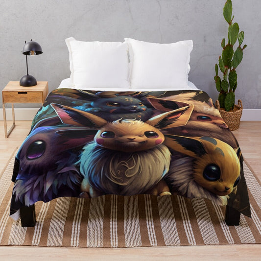 Colorful eeveelution art plush blanket featuring beloved anime characters