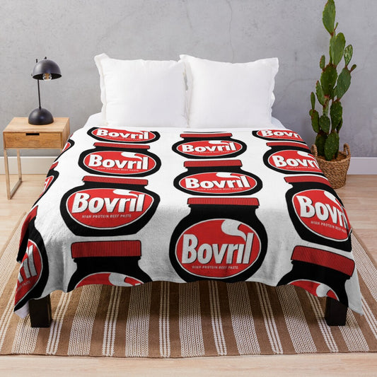 Cozy Bovril-themed plush blanket with vintage food illustration design