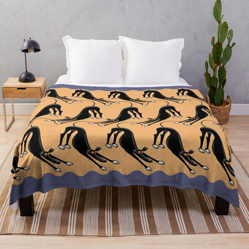 Greyhound inspired plush blanket featuring a cartoon design by artist Rich Skipworth