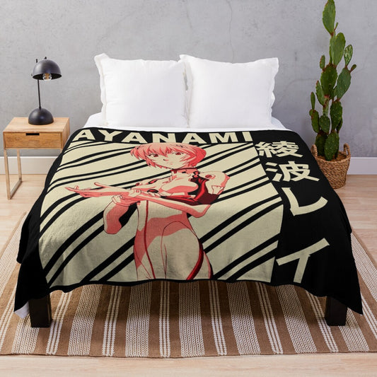 Rei Ayanami plush blanket with vintage-style art from the Evangelion anime series