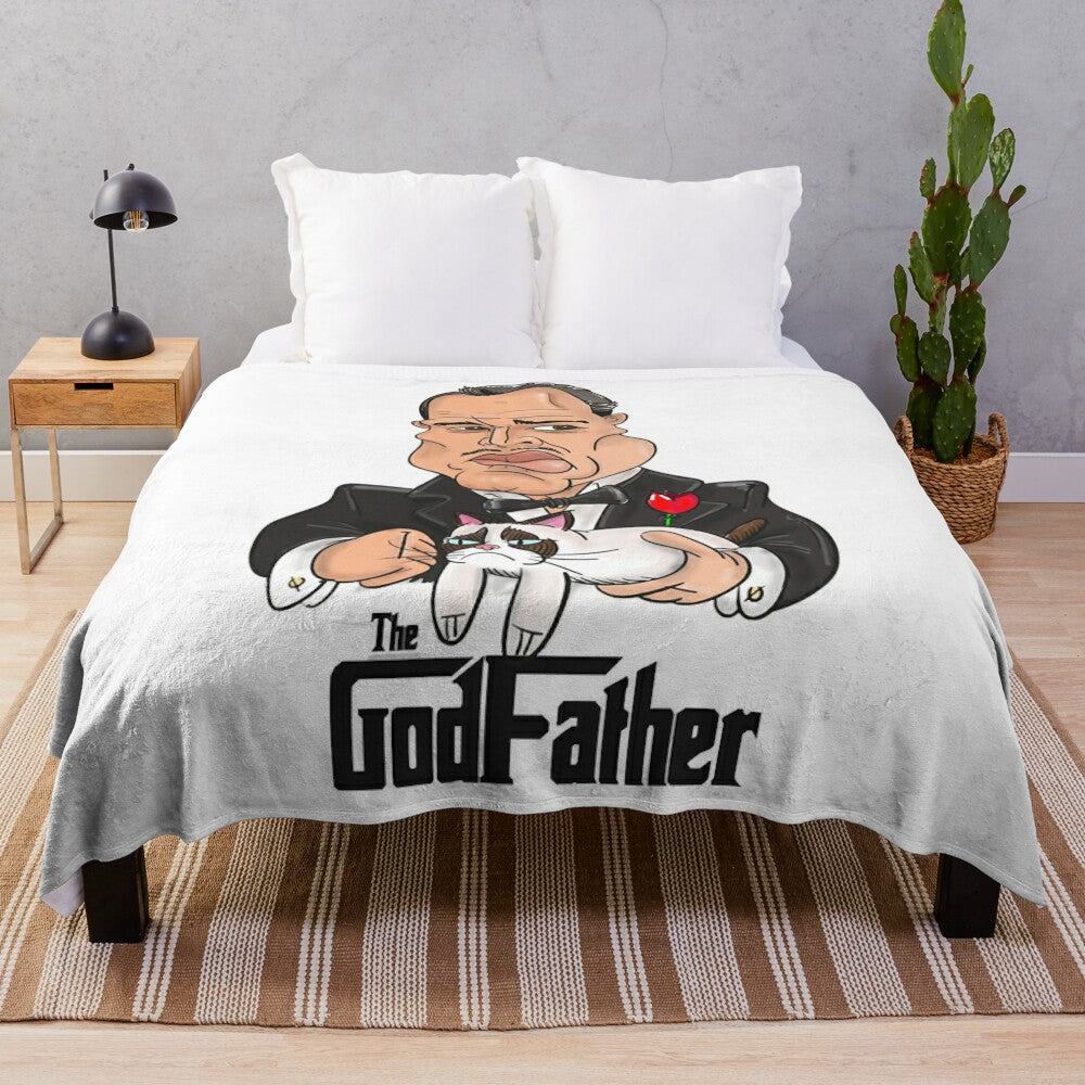 Vintage-style plush blanket featuring The Godfather movie imagery and classic cinema gangster design