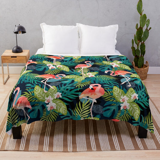 Tropical flamingo plush blanket with lush foliage and nature motifs