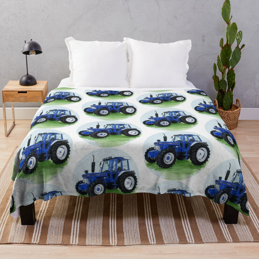 Blue tractor plush blanket for farm and country home decor