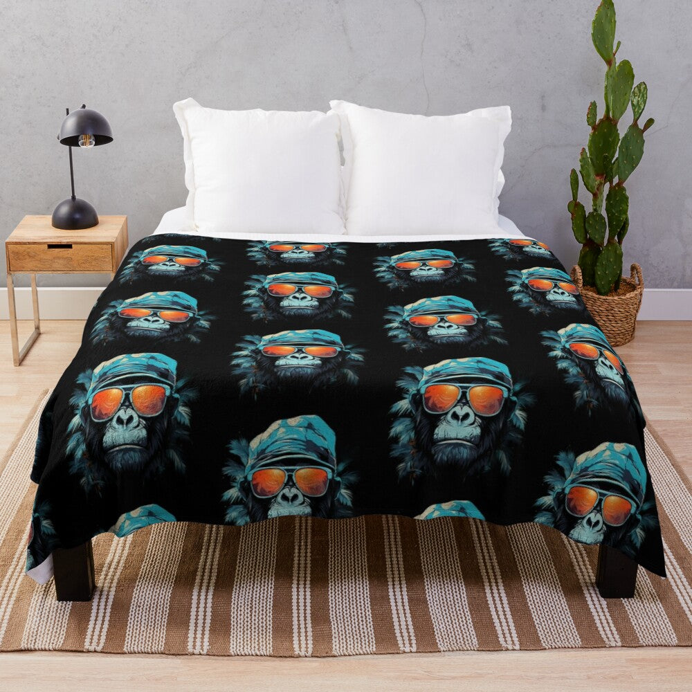 Cute animal plush blanket featuring a fun ape character in a hat and glasses