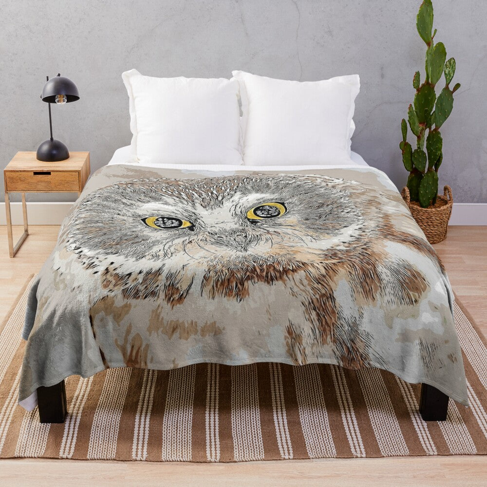 Plush blanket featuring a winter landscape with a snowy owl