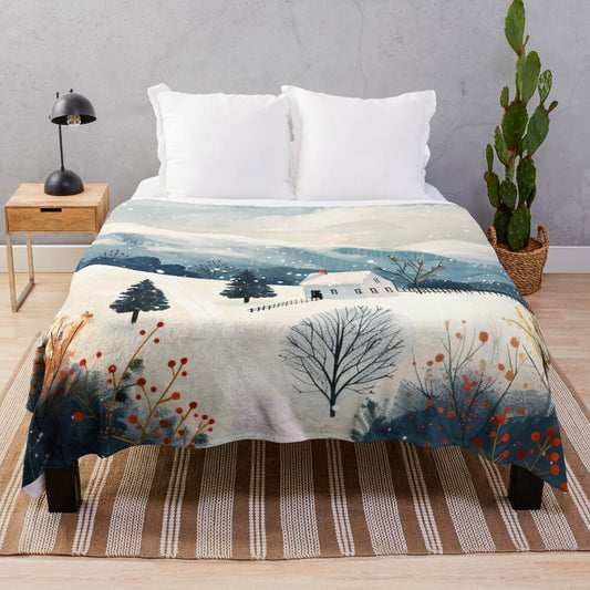 Plush blanket featuring a snowy Scandinavian winter landscape