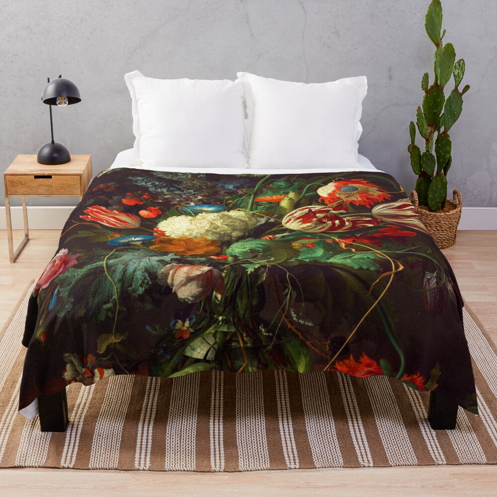 Plush blanket featuring the iconic "Vase of Flowers" painting by Dutch artist Jan Davidsz. de Heem