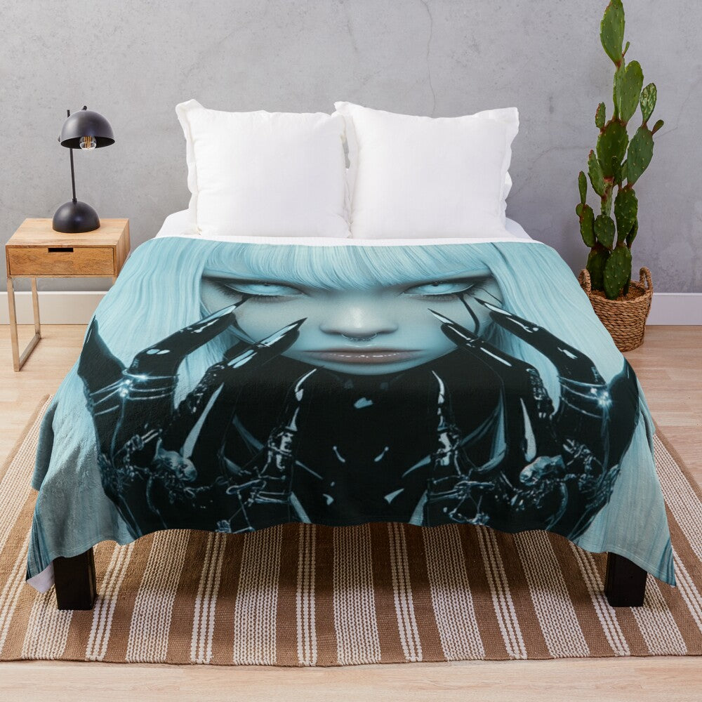 Cyberpunk-inspired plush blanket with anime/goth-inspired design