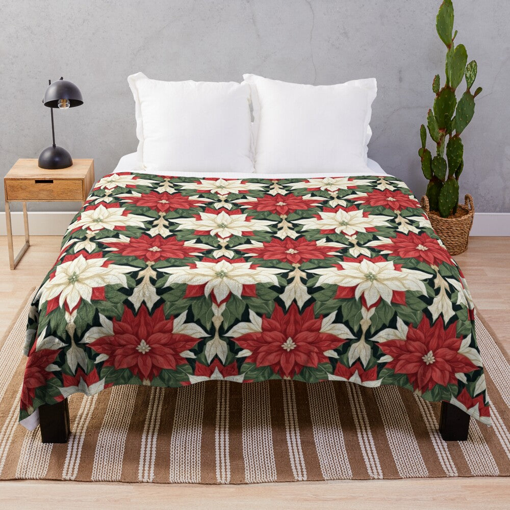 Plush blanket with poinsettia floral pattern, perfect for the holiday season