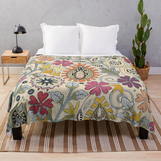 Zafer Cream Plush Blanket with Boho Floral Turkish Design