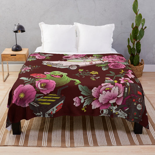 Colorful floral plush blanket with ghostly pattern