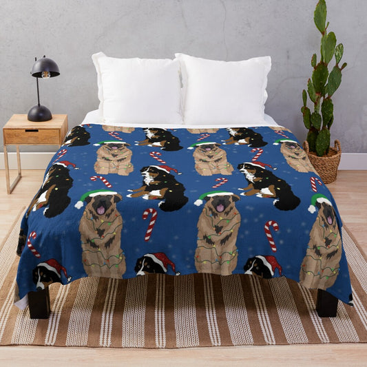 Soft, blue plush blanket featuring a Bernese mountain dog