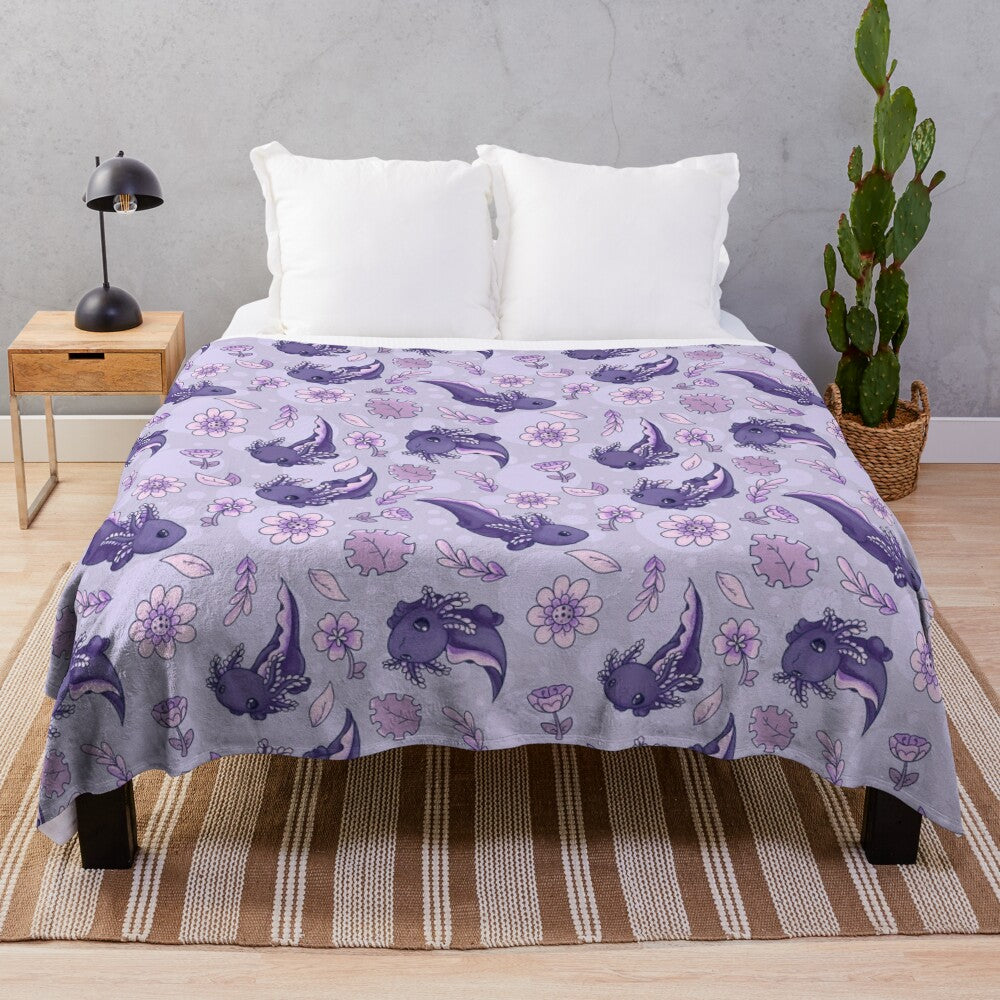 Floral purple plush blanket with cute axolotl pattern