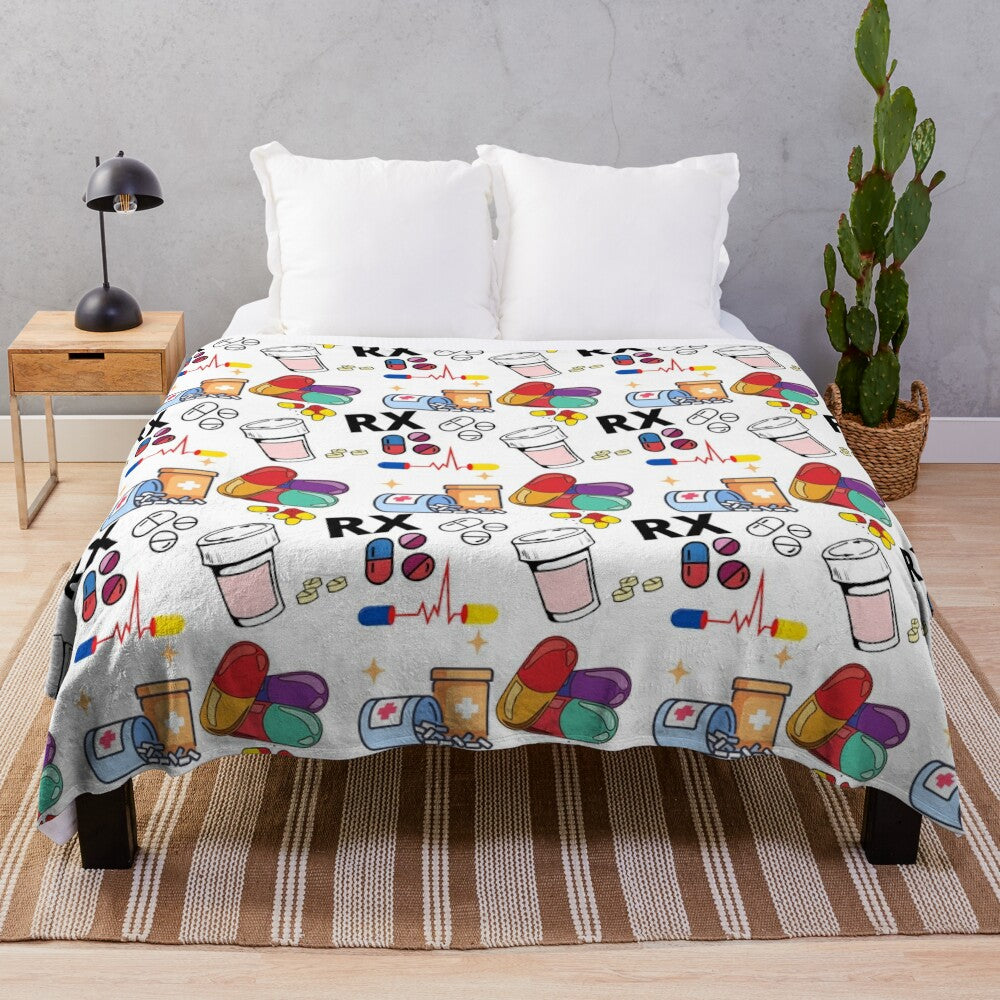 Plush blanket with pharmacy-inspired pill pattern design